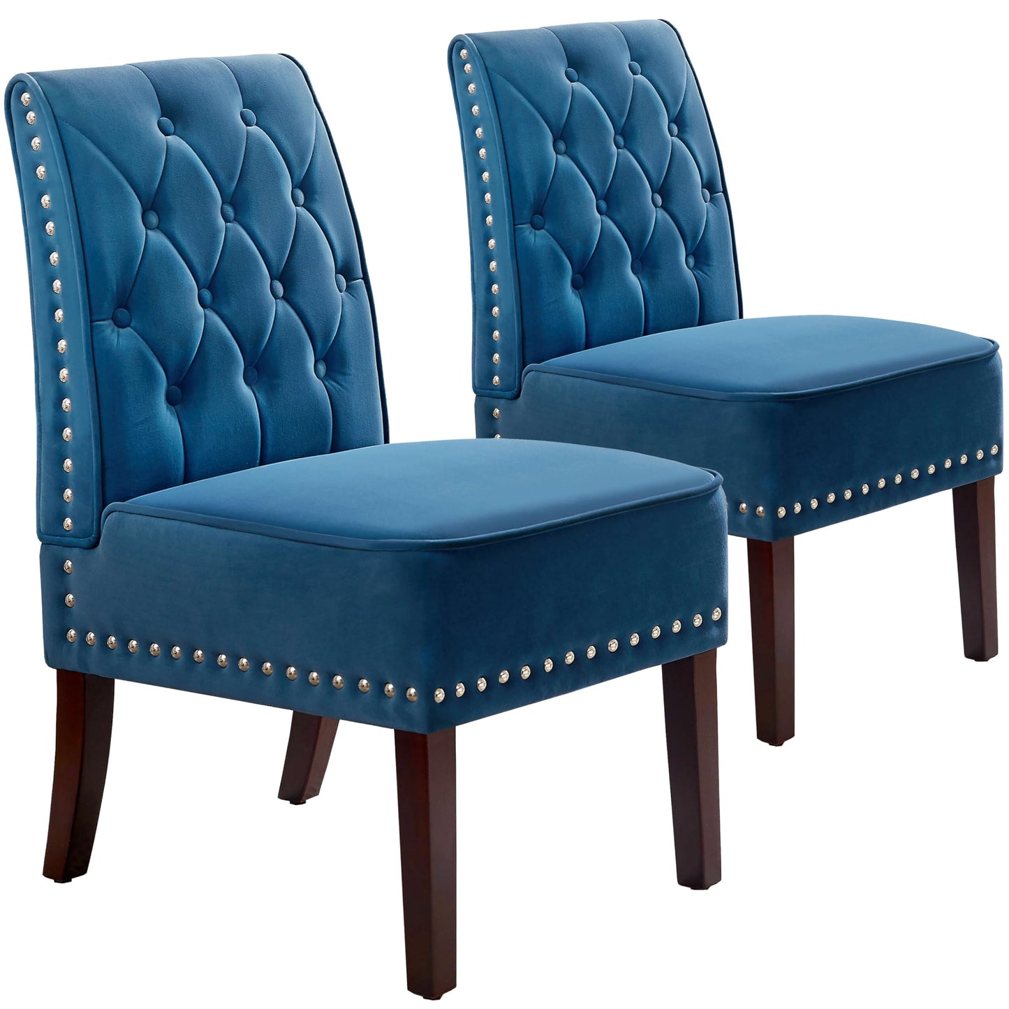 DRM'SCUUM Armless Accent Chairs Slipper: 2PCS Tufted Buttons Slipper Chairs Dining Chairs with Nails Decorative Side Chair for Bedroom Living Room Kitchen (Blue)