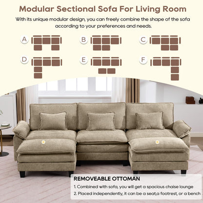 IPKIG 117" Modular Sectional Sofa, Chenille U-Shaped Sectional Couch Comfy Upholstered 3 Seat Sofa with 2 Ottoman, Deep Seat Cloud Couch Sofa for Living Room, Khaki