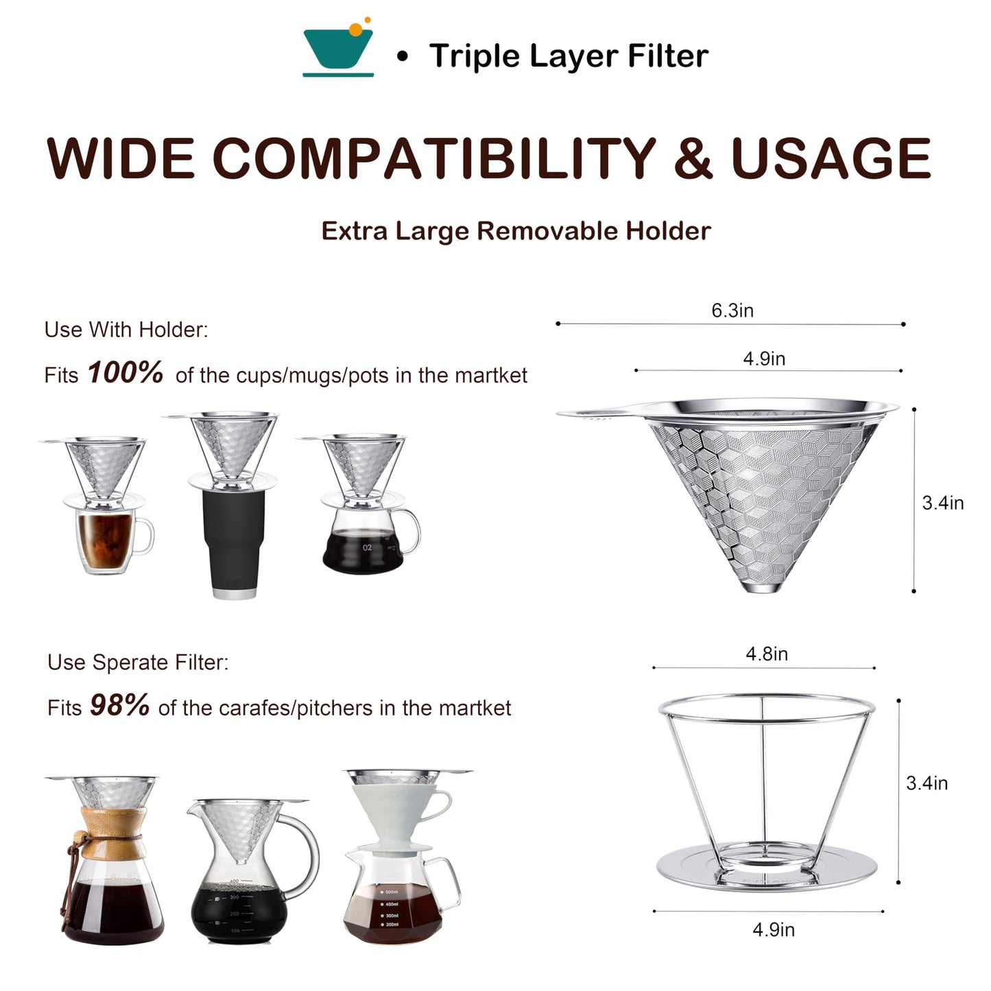 dailybrew Pour over Coffee Dripper, Triple Layer Stainless Steel Cone Coffee Filter, 4 Cup Non-Electric Manual Portable Drip Coffee Maker, Metal Cone Cafe Coffee Dripper