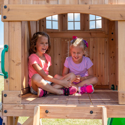 Backyard Discovery Montpelier Cedar Wood Swing Set, Wave Slide, Clubhouse, Monkey Bars, Picnic Area, Snack Bar, Belt Swings, Trapeze, Balcony, Playhouse, Working Door, Ladder, Outdoor Playset