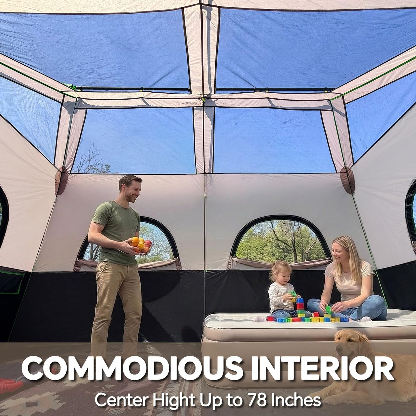 PEAK OUTDOORS Instant Tent 6/8 Person Tents for Camping, 60 Second Easy Setup Portable Camping Cabin Tent with Rainfly, Waterproof Pop Up Tents for Family Camping & Hiking with Expandable Carry Bag