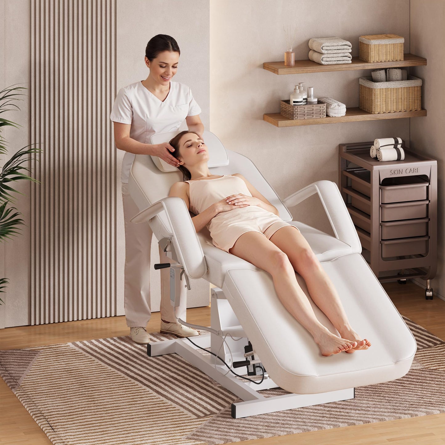 YOCONYO Electric Facial Bed for Esthetician, Tattoo Chair for Client Spa Massage Chair with Hydraulic Stool, 3 Section Esthetician Bed for Home Spa Beauty (White)