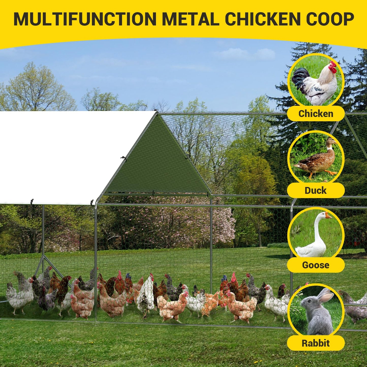 19.7' L x 9.8' W x 6.6' H Large Metal Chicken Coop, Outdoor Chicken Run with Cover and Double Door for Backyard Farm Yard