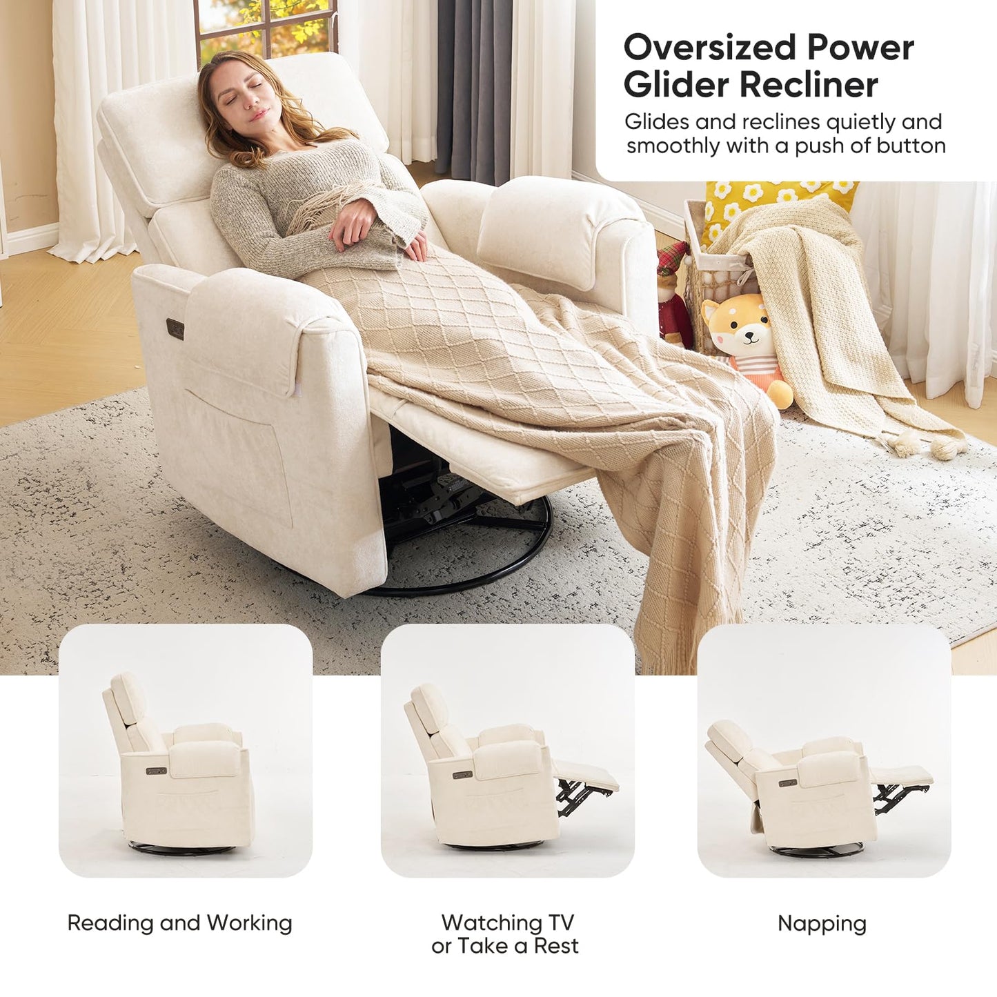 Rhevoy Oversized Power Rocker Recliner Chair, 26" Extra Wide Swivel Recliner with Adjustable Headrest, Chenille Glider Rocking Nursery Chair with Overstuffed Armrest, USB Ports, Cream