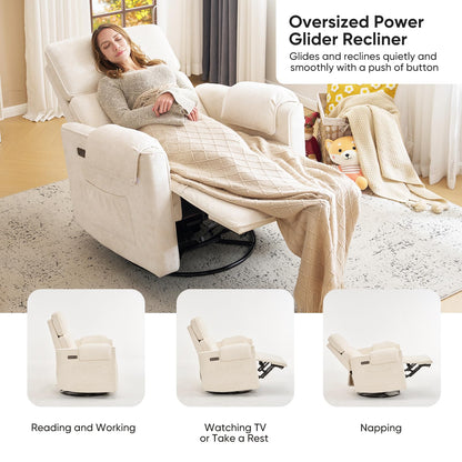 Rhevoy 24" Extra Wide Swivel Rocker Recliner Chair with Adjustable Headrest, Oversized Power Rocker Recliner with Overstuffed Armrest, Chenille Rocking Chair Nursery with USB Ports, Cream