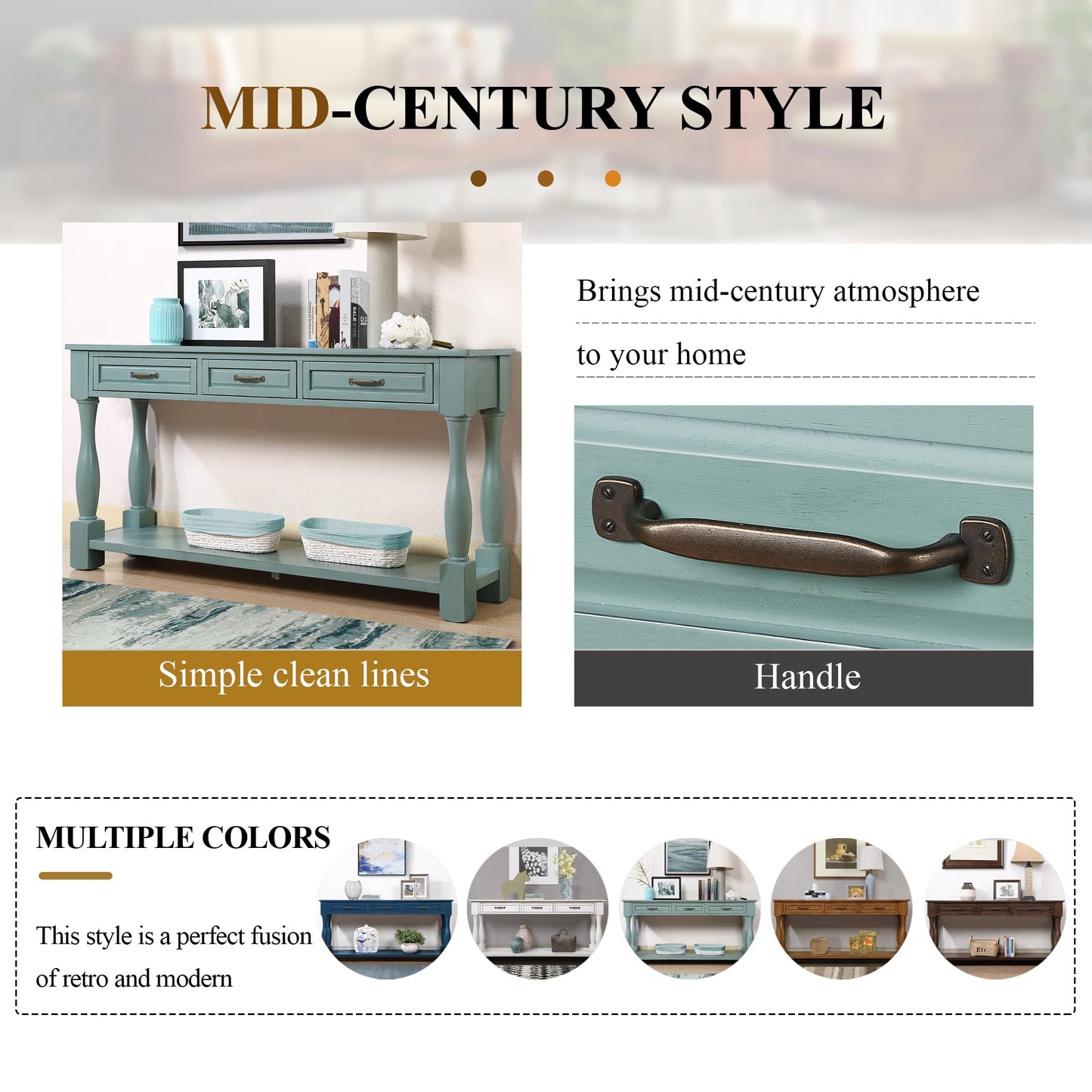 63-Inch Mid-Century Modern Wooden Console Table Living Room Entryway Side Table with Open Shelf,Drawers and Sturdy Construction for Home/House/Apartment