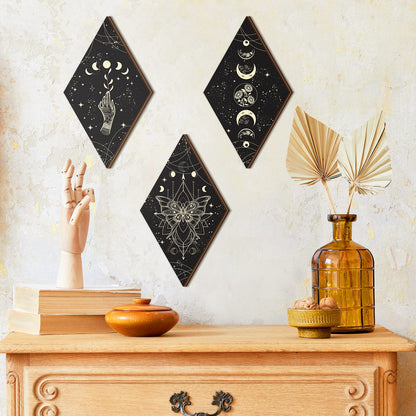 Ferraycle 3 Pcs Rustic Boho Wall Decor Moon Phases Butterfly Wall Art Stars Moon Decor Minimalist Room Decoration Wooden Gothic Witchy Pediments Hanging Sign for Home(9.5 x 16.1 Inch,Black, Gold)
