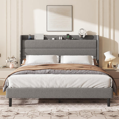 Lcwtvgxr King Size Linen Multifunctional Bed Frame, Wingback Headboard with Charging Station & Storage Shelf, Upholstered Platform Bed, Noise Free, No Box Spring Needed, Easy Assembly, Grey