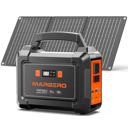 MARBERO Solar Generator 162.8Wh Camping Portable Power Station 200W Peak with Foldable Solar Panels 30W with AC Outlet 110V Multi-Port LED Flashlights for CPAP Home Camping Hurricane Emergency
