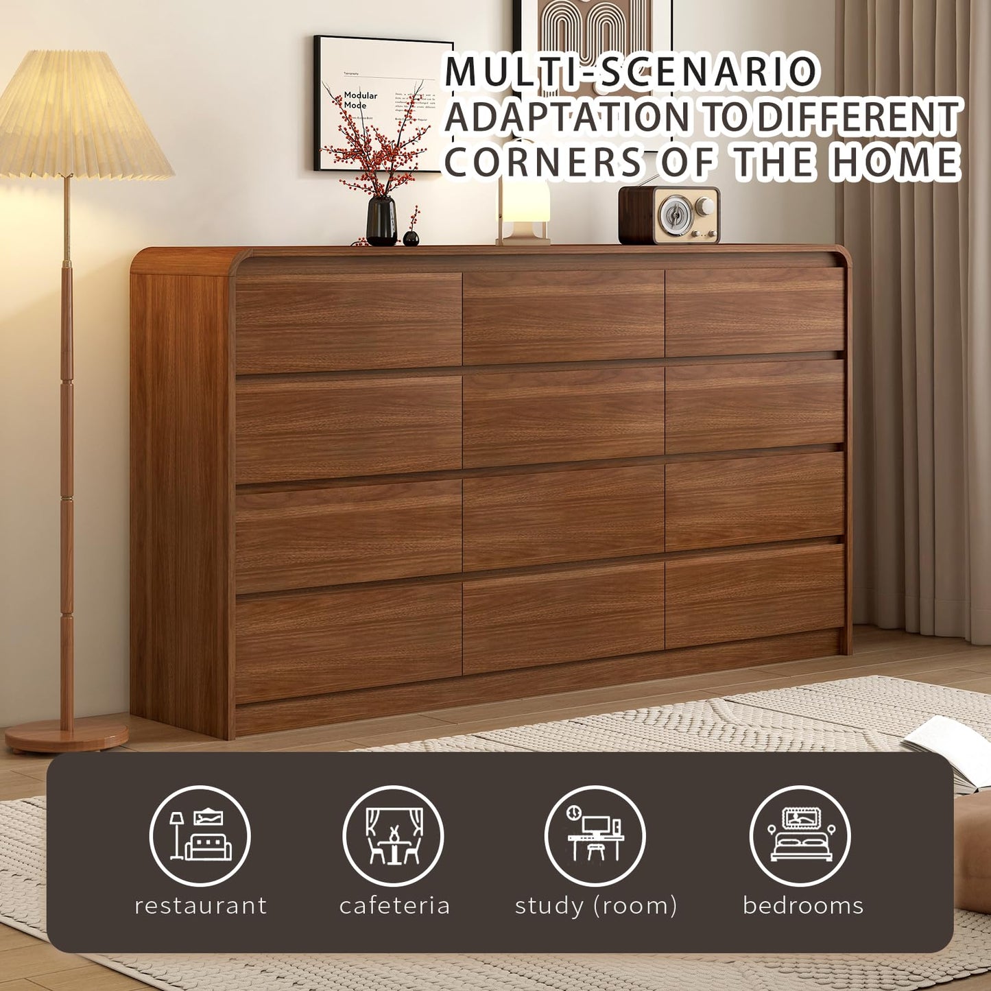 Messenya Modern 12-Drawer Dresser 63-Inch Wide, Curved Anti-Collision Design, Mid-Century Storage Cabinet with Pre-Embedded Slots, Sturdy Reusable, Ideal for Bedroom/Living Room/TV (Brown, 12-63)