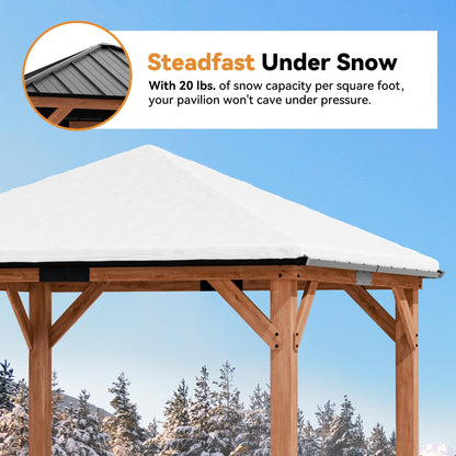 Modern Shade Tranquil Grove Wood Gazebo 10' x 10', Permanent Hardtop Gazebo with Galvanized Steel Roof, Mosquito Netting and Curtains, Cedar Outdoor Gazebo with Sturdy Hooks for Backyard
