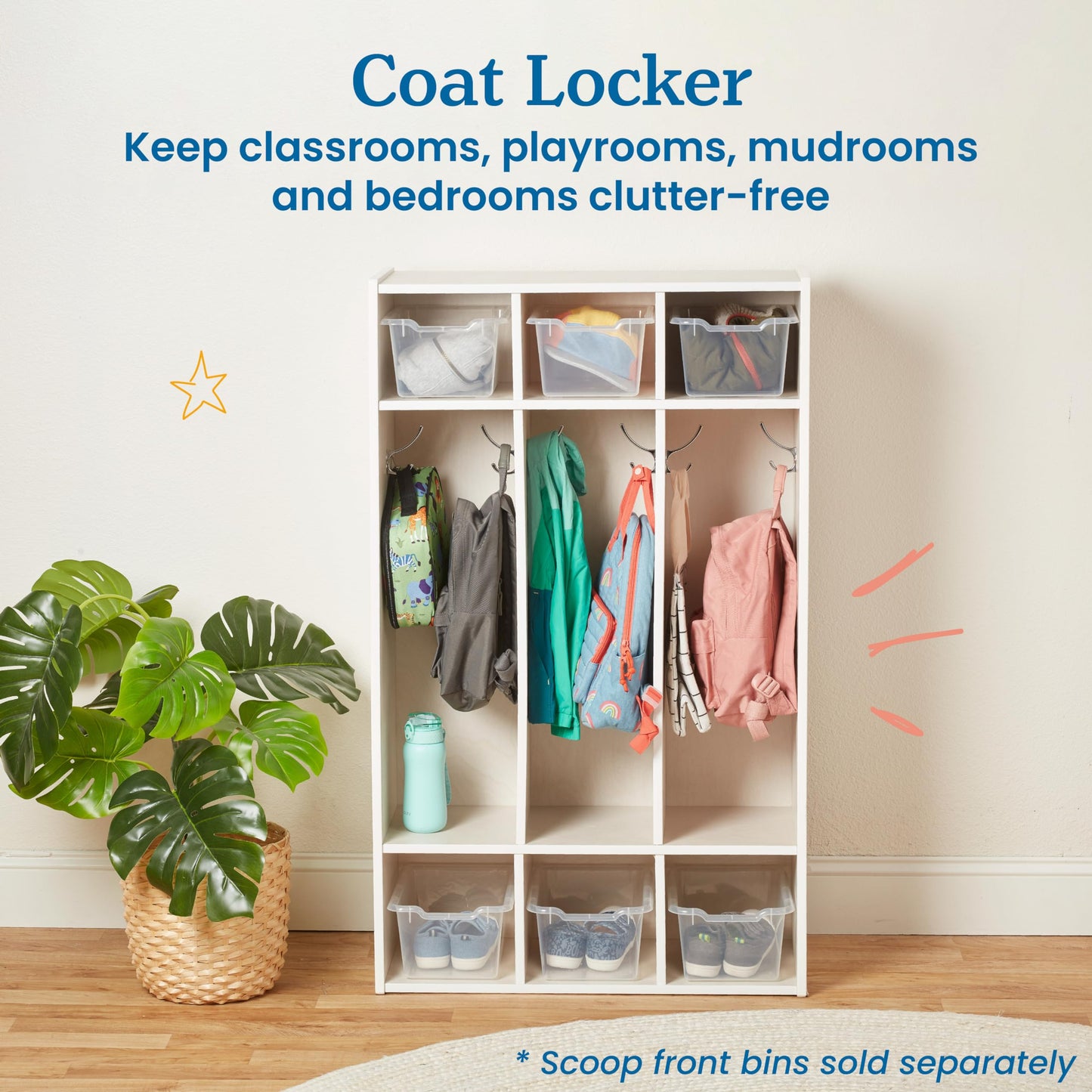 ECR4Kids Streamline 3-Section Coat Locker with Cubby Storage, Classroom Furniture, White Wash