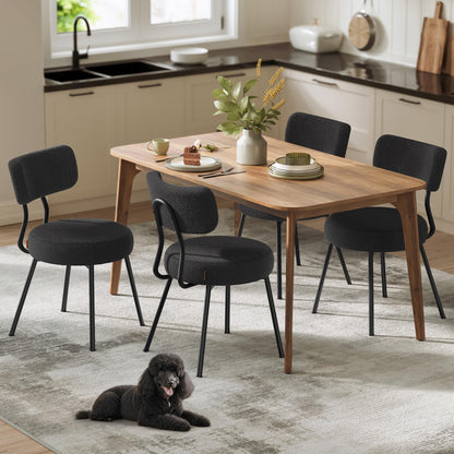 VASAGLE Boucle Dining Chairs Set of 4, Upholstered Kitchen Dining Room Chairs with Curved Backrest and Steel Frame, Modern Mid Century, Round, for Vanity, Living Room, Ink Black UKDC110B14