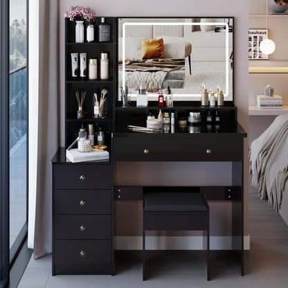 KEIKI Extra-Wide Vanity Desk with Mirror, LED Lights,3 Lighting Colors，Touch-Control,Adjustable Brightness,Cushioned Stool,41'' Makeup Vanity Table Set with 5 Storage Drawers and Shelves,Black