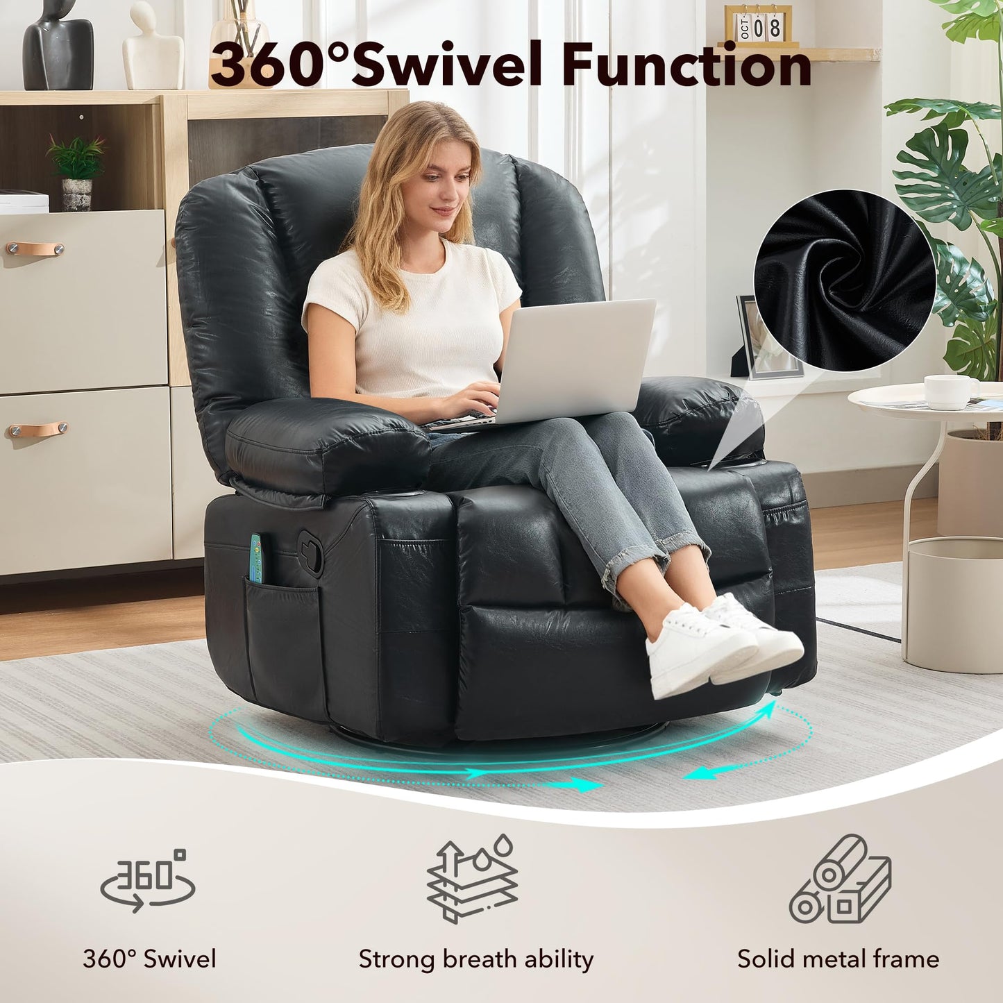 Rocker Recliner Chair with Heat and Massage,Nursery Recliner 360° Swivel Oversized Chairs for Adults,Chenille Lazy Boy Single Sofa Seat with 3 Positions,Side Pockets,Cup Holders for Living Room Black