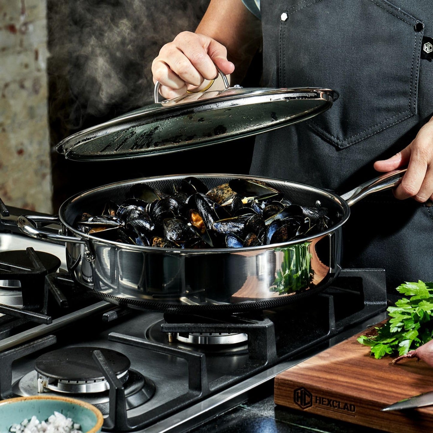 HexClad Hybrid Nonstick 5.5-Quart Deep Sauté Pan with Tempered Glass Lid, Stay-Cool Handle, Dishwasher-Friendly, Oven-Safe Up to 900°F, Induction Ready, Compatible with All Cooktops