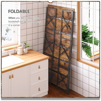 4NM Extra Wide 6 Tiers No Assembly Book Shelves, 61.8" H Folding Bookshelf Bookcase Open Industrial Foldable Shelves for Bedroom, Living Room, Home Office - Rustic Brown Black