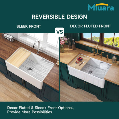 Miuara White Farmhouse Workstation Sink 33 Inch - Heavy Duty Fireclay Apron Front Kitchen Sink Undermount 33"x20"x10", Farm House Style Deep Single Bowl for Kitchen