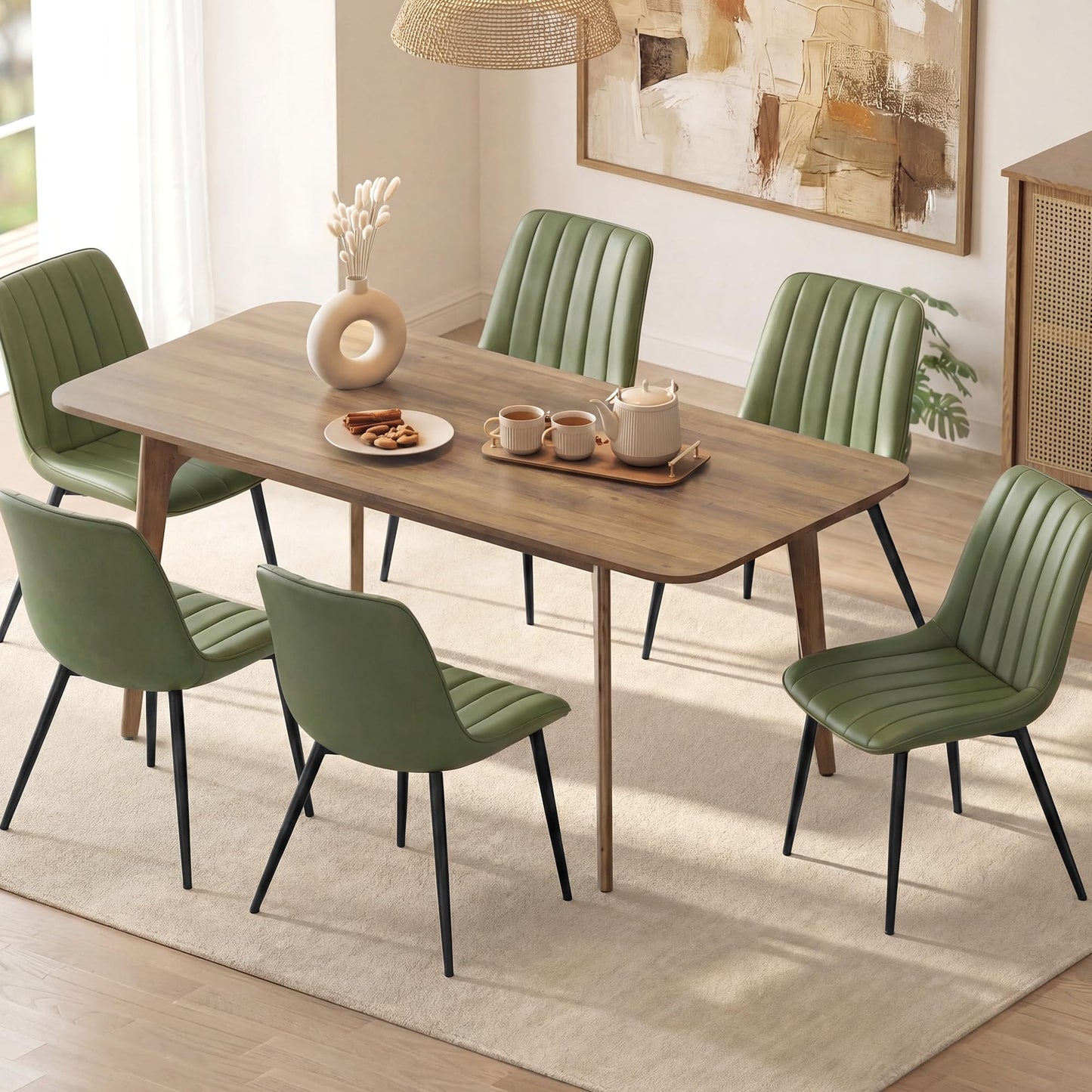 VASAGLE Dining Chairs Set of 6, Upholstered Kitchen Chairs, Synthetic Leather, Max. Load 264 lb, Steel Legs, Curved Backrest, for Dining Room, Forest Green and Ink Black ULDC090CH02-3J
