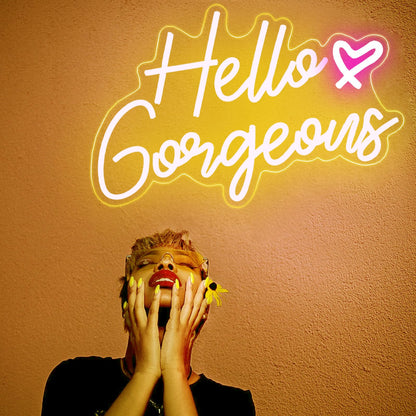 Hello Gorgeous Neon Sign Hello Beautiful Pink LED Neon Lights for Home Wedding Birthday Backdrop Bacelorette Party Wth Dimmable Switch(5V,16.5X10.6inches)