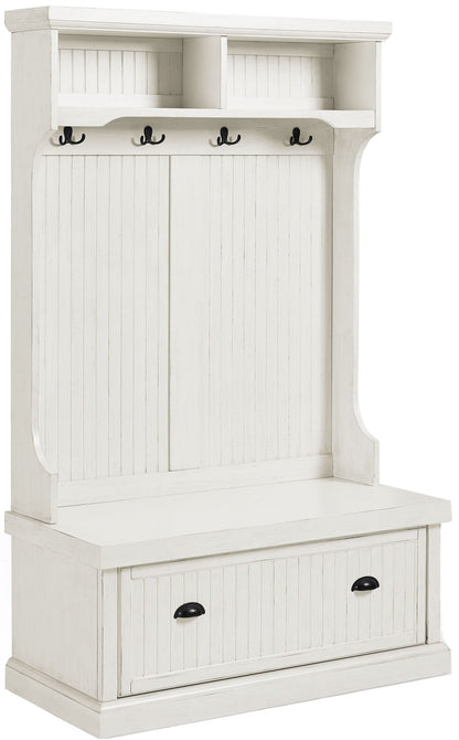 Crosley Furniture Seaside Hall Tree with Shoe Rack Bench and Coat Hooks for Hanging Storage, Distressed White