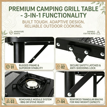 Portable Folding Aluminum Camping Table — IGT-Compatible Modular Camp Kitchen Table, Carbon Steel Mesh Top with Tactical Hooks & Carry Bag, for Camping Picnic Tailgating BBQ Outdoor Cooking