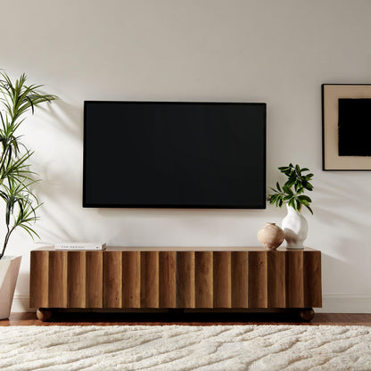 Modway Sorren 71 Inch Scalloped TV Stand in Walnut – 4 Door Media Console Cabinet – Modern Storage TV Stand with Doors