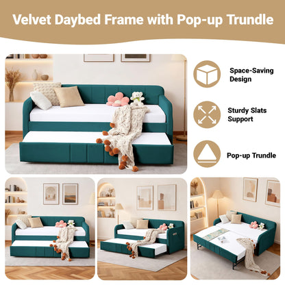 DNYN Twin Size Velvet Daybed Frame with Pop-up Trundle Bed for Bedroom Guest/Living Room, Space-Saving Upholstered Sofabed with USB Port & Side Pocket, No Box Spring Needed