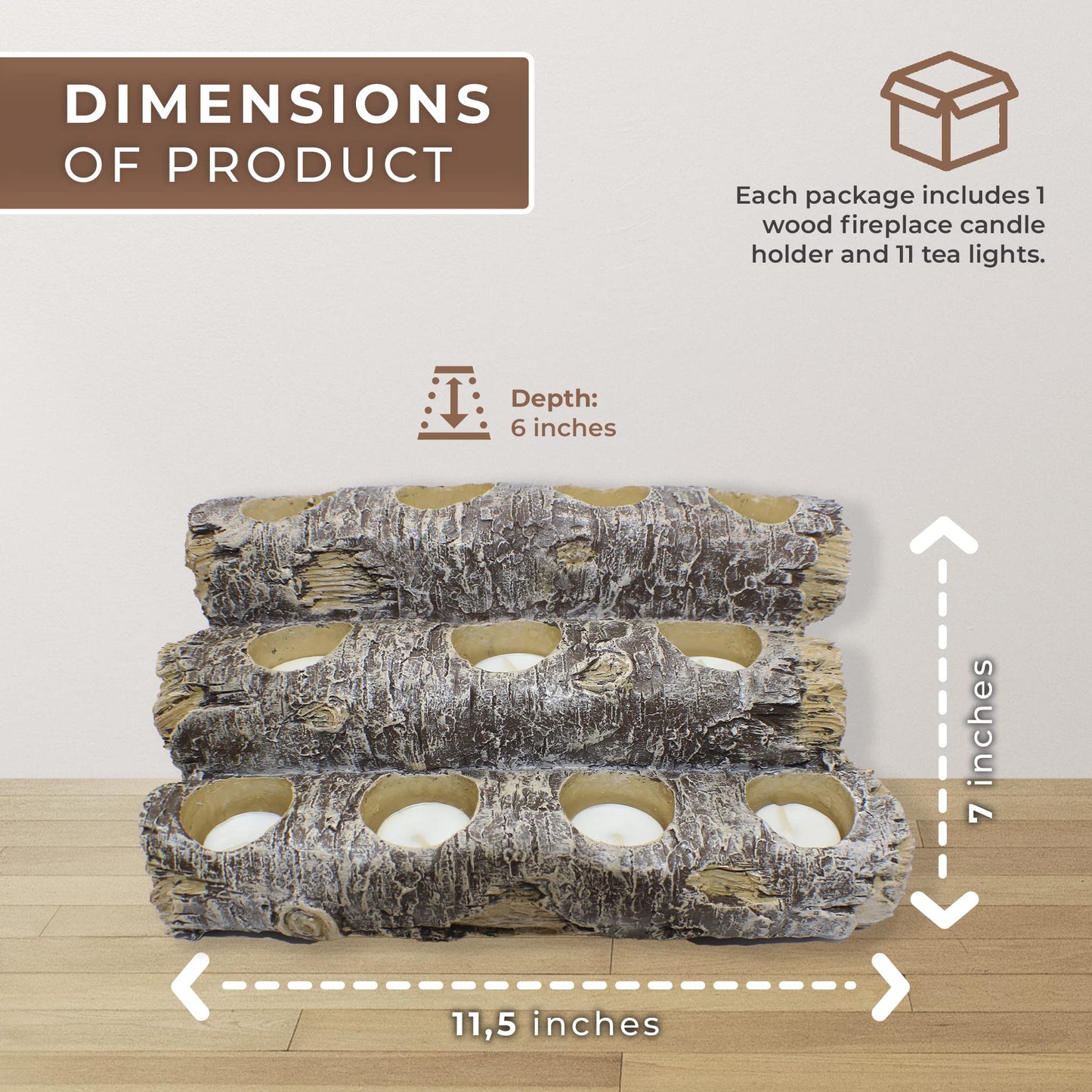 Castaway Faux Fireplace Logs Candle Holder — Realistic Rustic Wood Log Centerpiece with 12 Tea Light Candles, Safe, Smoke-Free ambiance, Authentic Wood Texture, and and Low Maintenance
