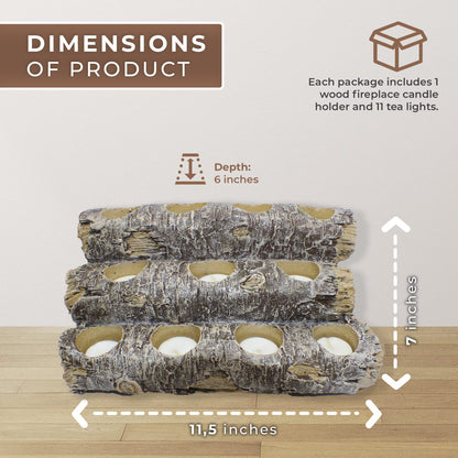 Castaway Faux Fireplace Logs Candle Holder — Realistic Rustic Wood Log Centerpiece with 12 Tea Light Candles, Safe, Smoke-Free ambiance, Authentic Wood Texture, and and Low Maintenance