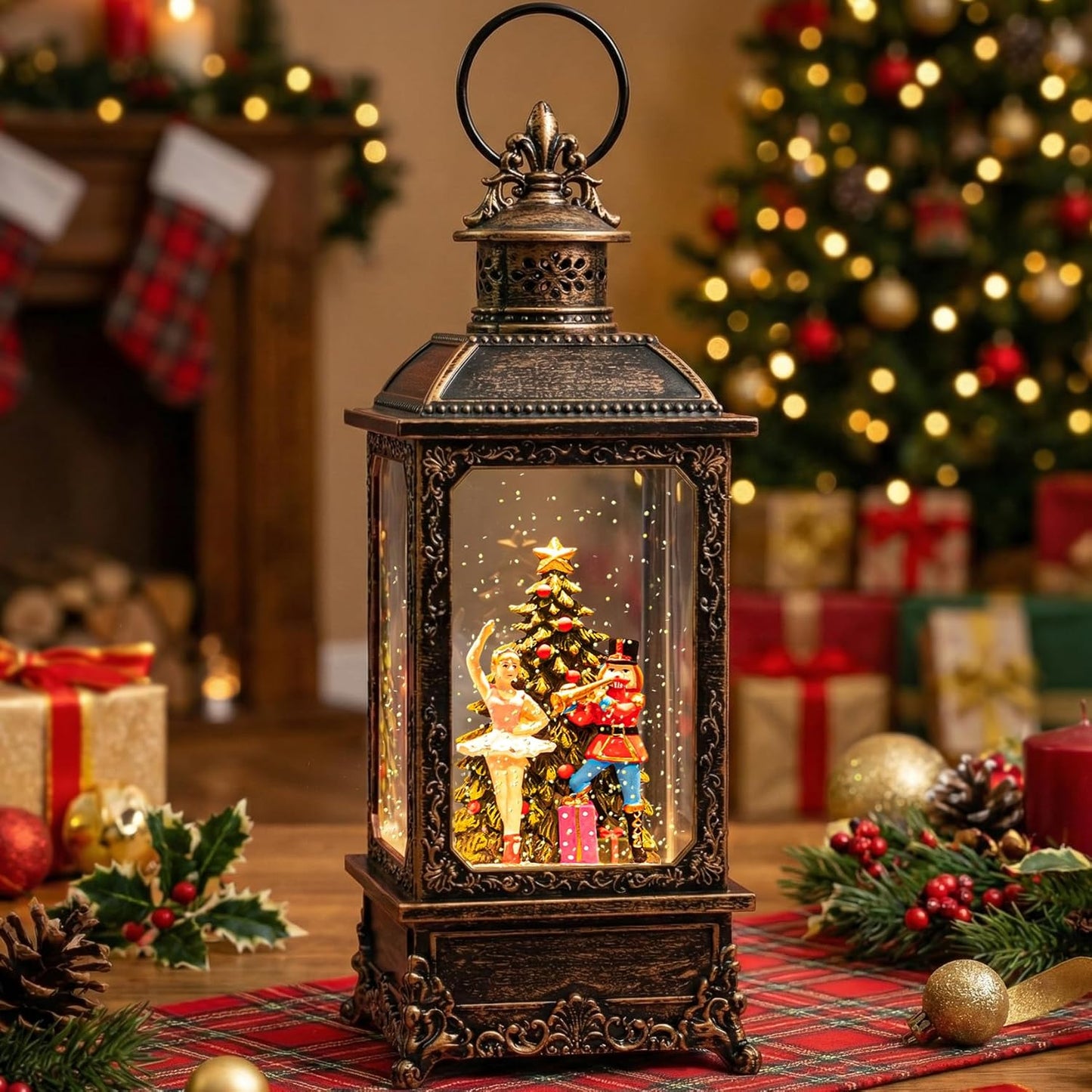 VISFLAIR Christmas Snow Globe Lantern - Musical Nutcracker & Ballerina Decoration | Battery or USB Powered