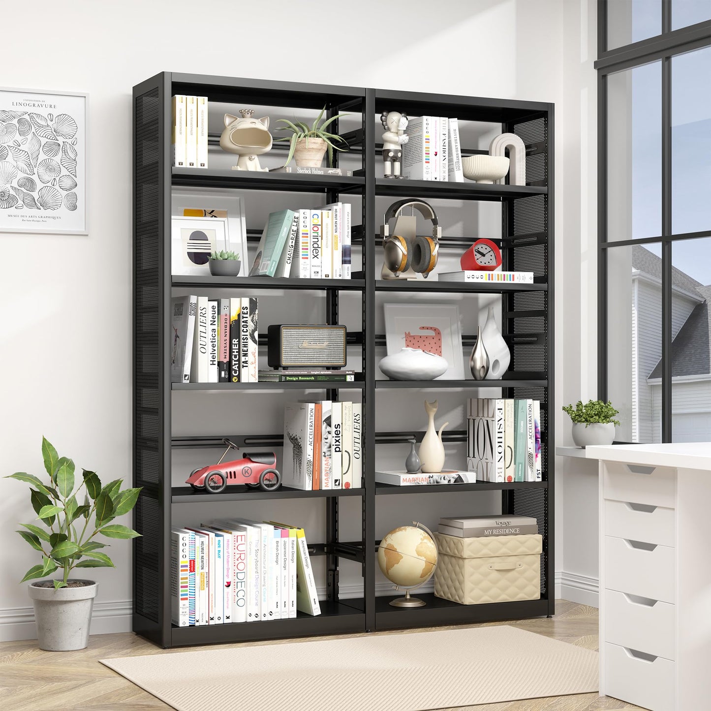 5 Tiers Bookshelf, 68" Metal Storage Book Rack, Black Modern Display Bookshelves with Adjustable Shelves, Steel Rack, Bookcase Storage Organizer for Library, Office, Kitchen, Study Room, Home Office