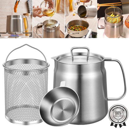 HOMKULA 2-in-1 304 Stainless Steel Multifunctional Deep Fryer Pot with Basket & Strainer, Large Capacity Oil Filter Pot, Bacon Grease Container with Steel Pour for Kitchen, Camping, Cooking (68oz/2L)