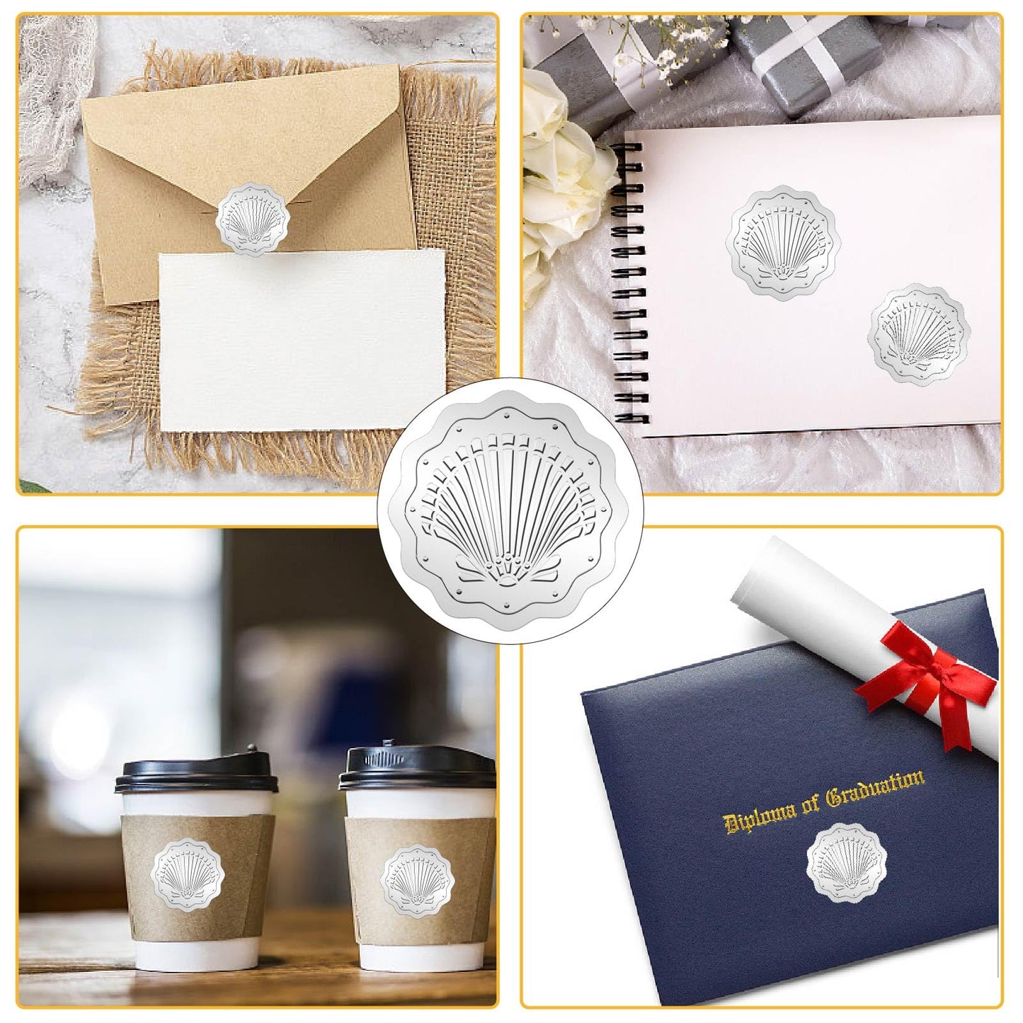 CRASPIRE 100Pcs Sea Shell Seal Sticker 2" Ocean Summer Beach Silver Foil Embossed Stickers Self Adhesive Sticker Labels Certificate Seals for Graduation Wedding Greeting Envelope Invitation Cards Pack