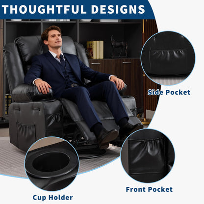 Rocker Recliner Chair for Adults Manual 360° Swivel Single Sofa Seat Glider Chair with 3 Positions 2 Side Pockets Cup Holders PU Fabric for Living Room Nursery Office