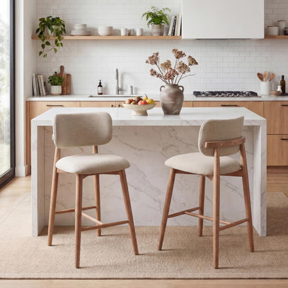 Christopher Knight Home Mundo Counter Height Bar Stools Set of 2, Fabric Upholstered Counter Stools and Curved Backrest, Rubberwood Kitchen Island Armchair with Splayed Legs, Beige + Natural
