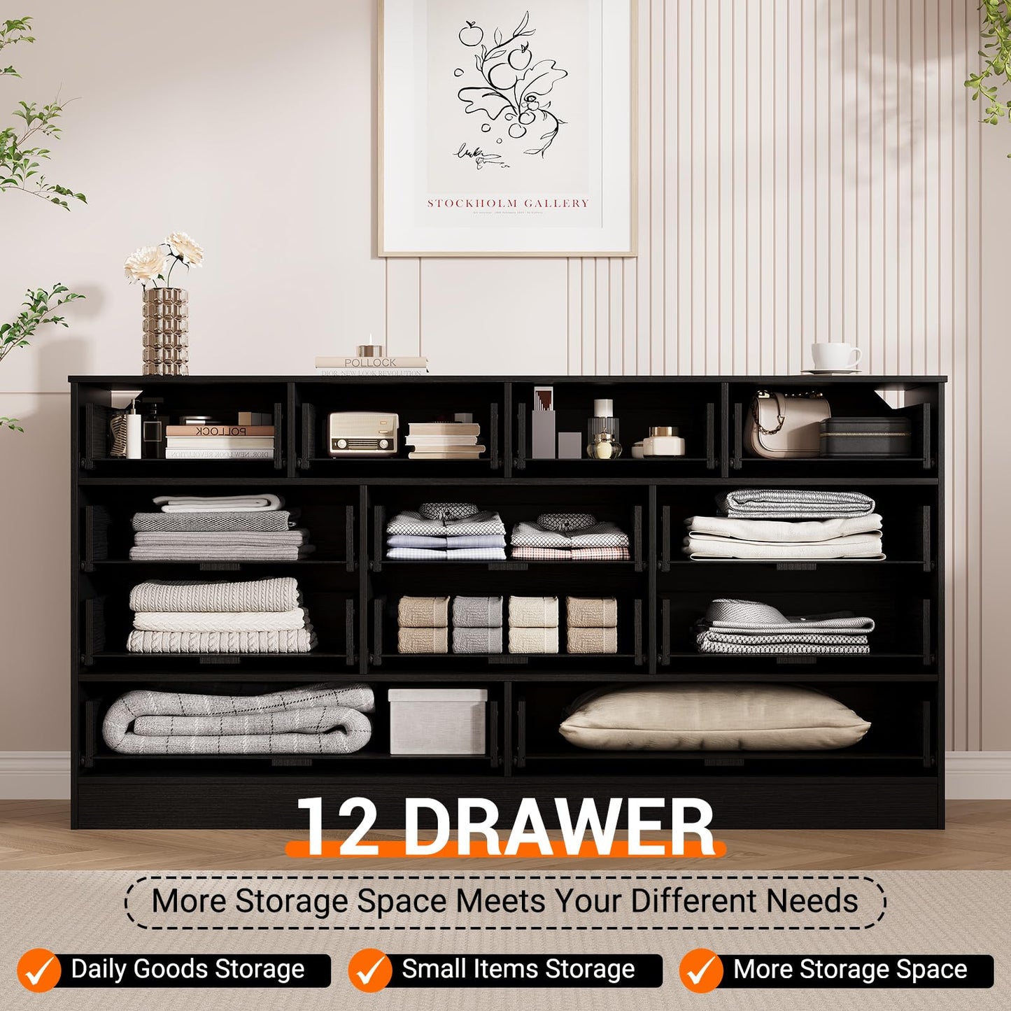 GarveeHome 12 Drawer Wooden Dresser for Bedroom, Rattan Chest of Drawers for Closet, Living Room, Hallway, 61 Inch Wood Wide TV Stand Dressers for 65 Inch TV, Modern Dresser for Adult Room