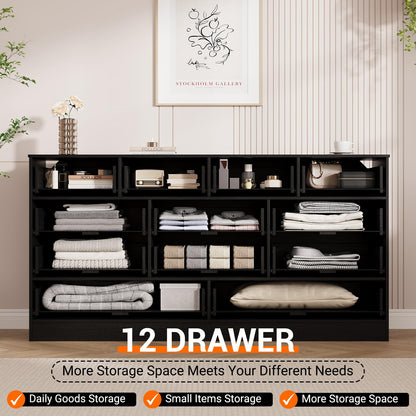 GarveeHome 12 Drawer Wooden Dresser for Bedroom, Rattan Chest of Drawers for Closet, Living Room, Hallway, 61 Inch Wood Wide TV Stand Dressers for 65 Inch TV, Modern Dresser for Adult Room