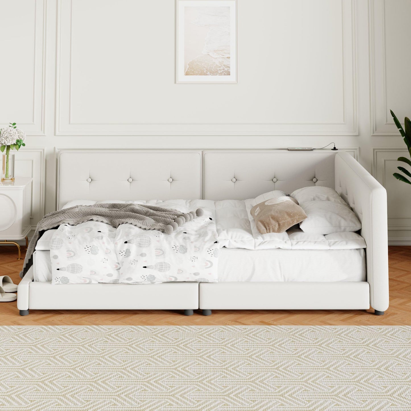 Merax Queen Size Modern Upholstered Platform Bed with USB Ports, Floor Daybed with Wood Slat Support/Queen,Beige