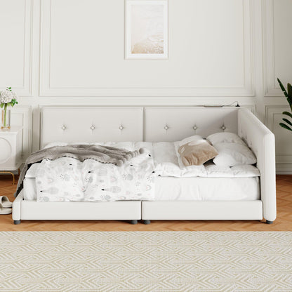 Merax Queen Size Modern Upholstered Platform Bed with USB Ports, Floor Daybed with Wood Slat Support/Queen,Beige