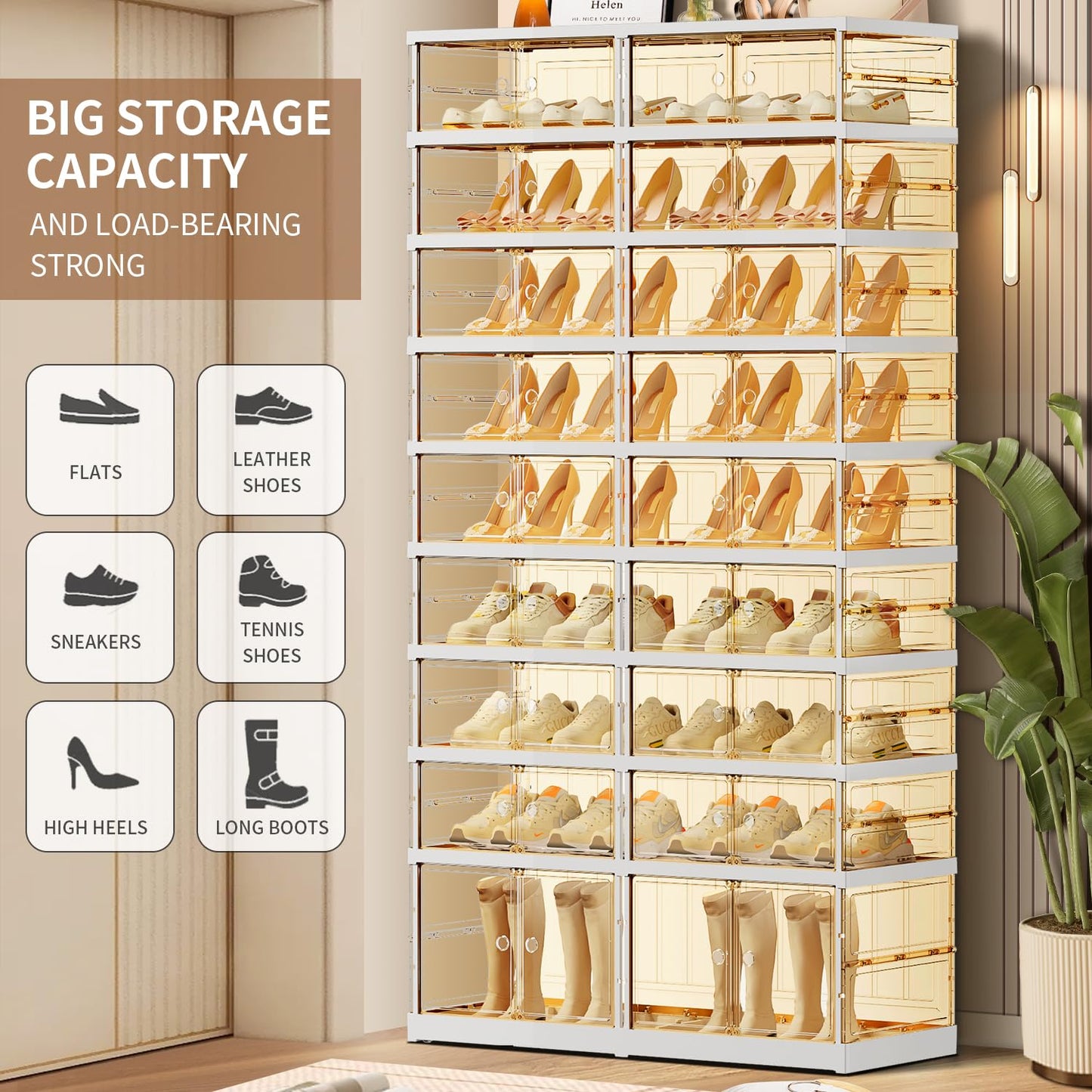 CIMLORD 9 Tier 18-36 PairsFoldable Shoe Rack for Closet Entryway,9-Tier Foldable Shoe Rack for Closet Entryway 18-36Pairs, Stackable Clear Shoe Storage Boxes Organizer with Door Plastic Shoe Cabinet