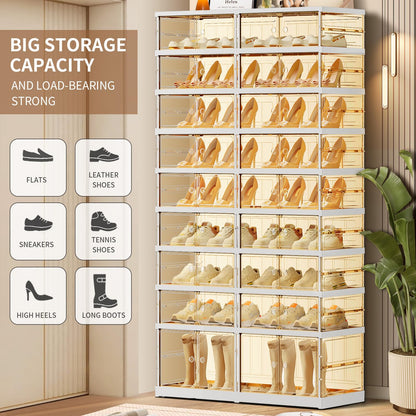 CIMLORD 9 Tier 18-36 PairsFoldable Shoe Rack for Closet Entryway,9-Tier Foldable Shoe Rack for Closet Entryway 18-36Pairs, Stackable Clear Shoe Storage Boxes Organizer with Door Plastic Shoe Cabinet