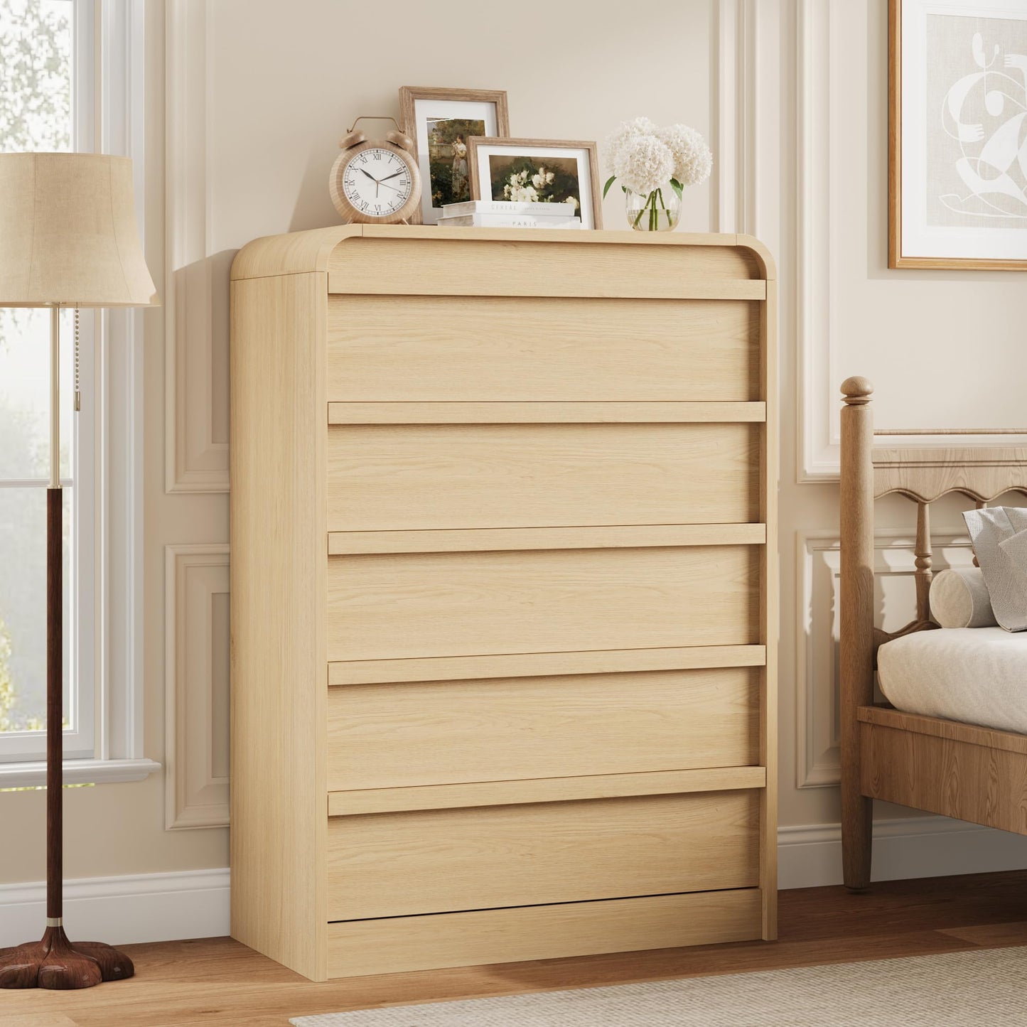 Garvee 5 Drawer Dresser for Bedroom, 45" Tall Wooden Dressers with Curved Profile Design, Mid Century Chest of Drawers Closet Clothes Storage Organizer for Living Room, Entryway, Nursery, Natural