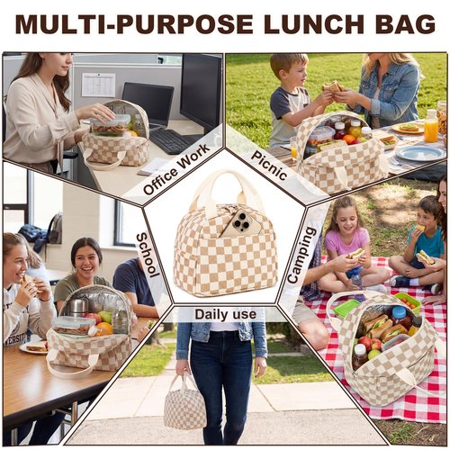 LEDAOU Insulated Lunch Bag women Corduroy Small Lunch Box for Women with Front Pocket Leakproof Cooler Checkered Cute Adult Gilrs Lunch Box for Work School Picnic