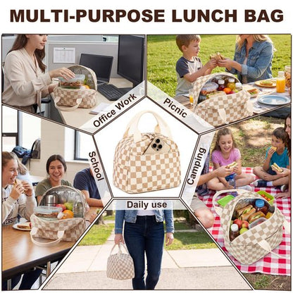 LEDAOU Insulated Lunch Bag women Corduroy Small Lunch Box for Women with Front Pocket Leakproof Cooler Checkered Cute Adult Gilrs Lunch Box for Work School Picnic