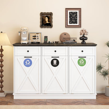 Triple Tilt-Out Trash Can Cabinet, 39 Gallons Wooden Kitchen Garbage and Recycling Bin with 3 Hideaway Drawers, Power Outlets, Pet Proof - Freestanding Laundry Hamper Storage for Bathroom, White
