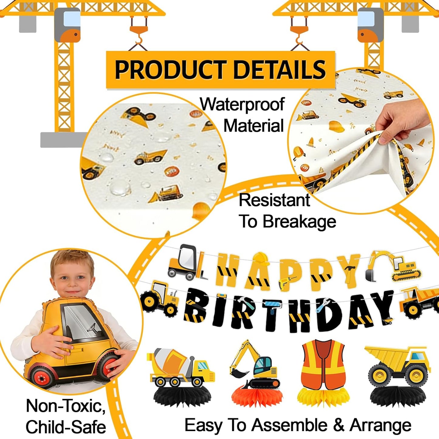 Set 4 Construction Birthday Party Supplies for Boy Birthday Decorations with Foil Truck Balloons Happy Birthday Banner