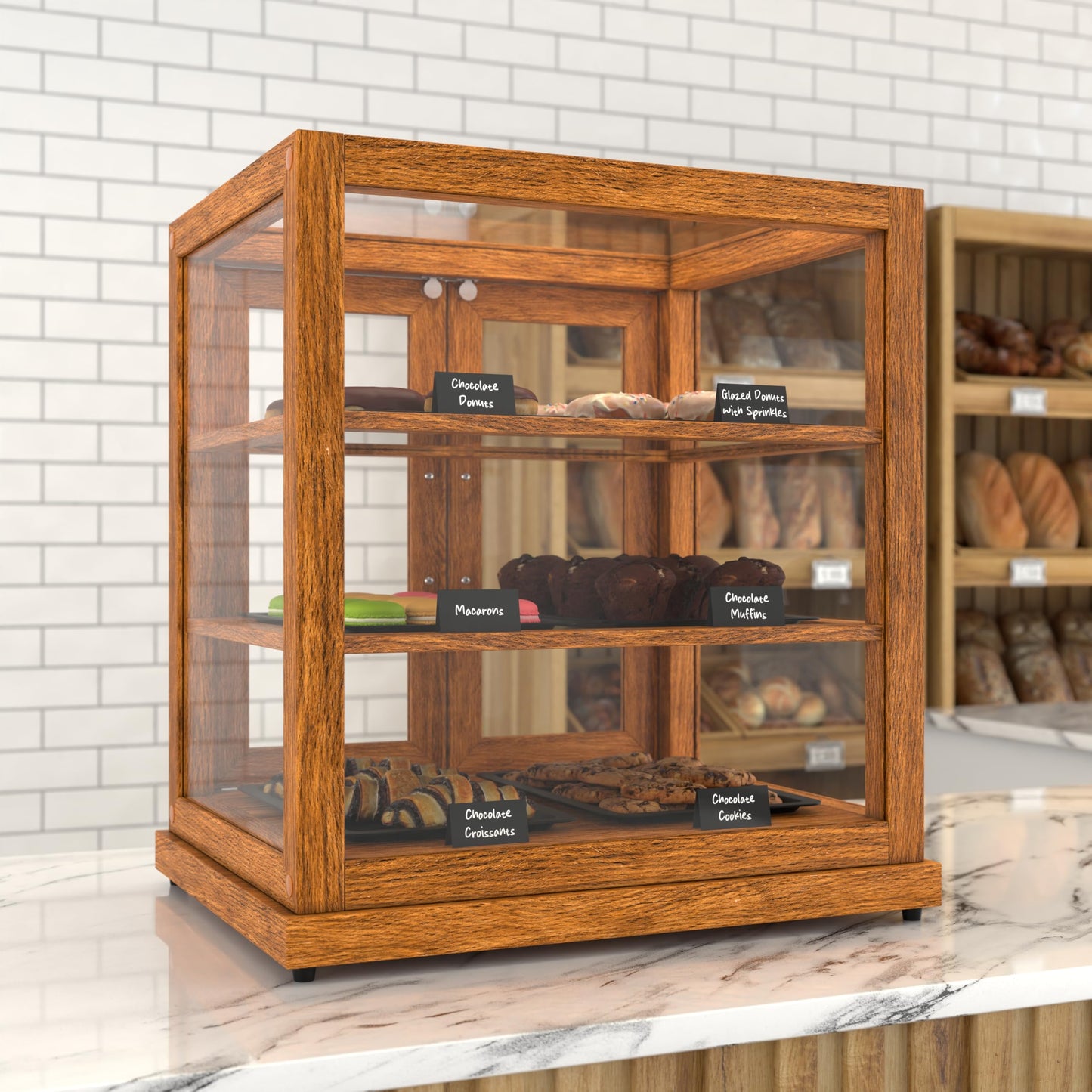 KoolMore 25 in. Light Wood Countertop Upright Dry Bakery Display Case, Pastry, Cake, and Bread Display with Tempered Glass