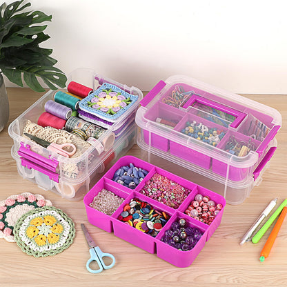 JUXYES 4-Tiers Stack Carry Storage Box With 2 Divided Tray, Transparent Stackable Storage Bin With Handle Lid Latching Storage Container for School & Office Supplies, Purple