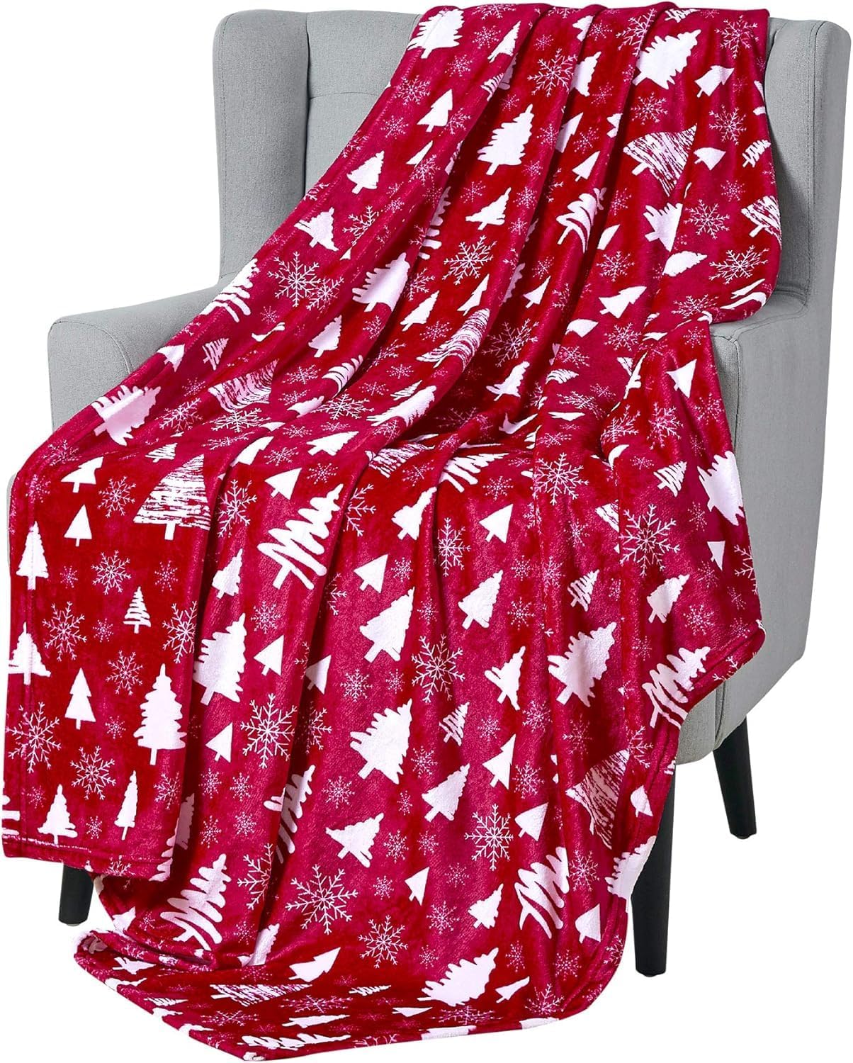 Winter Christmas Holiday Fleece Throw Blanket: Velvety Soft Forest Tree and Snowflake Design, Accent for Couch Bed